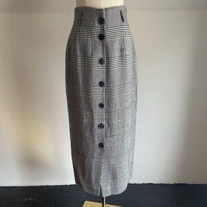Vintage 1990s Button Front Wool Black and White Houndstooth Plaid Skirt